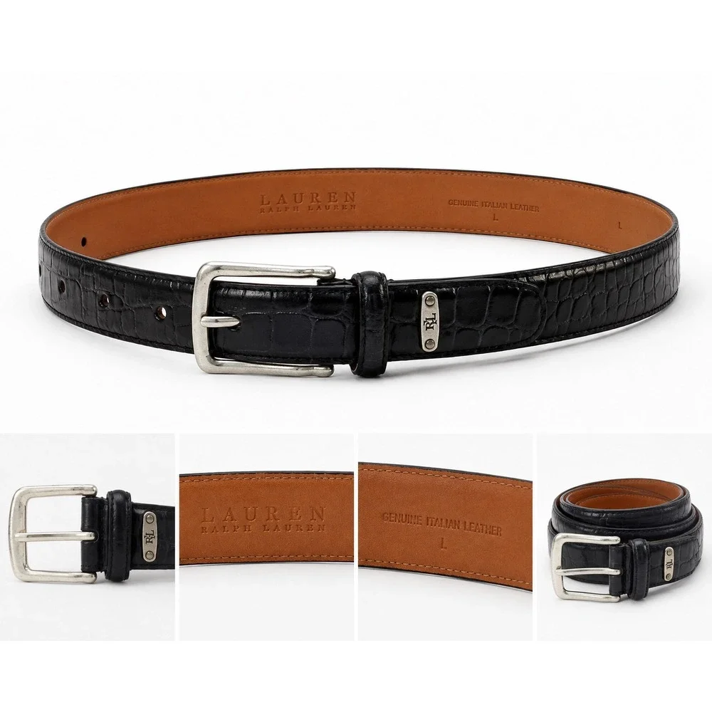 Lauren Ralph Lauren Black Croc Embossed Italian Leather Belt Silver Buckle L